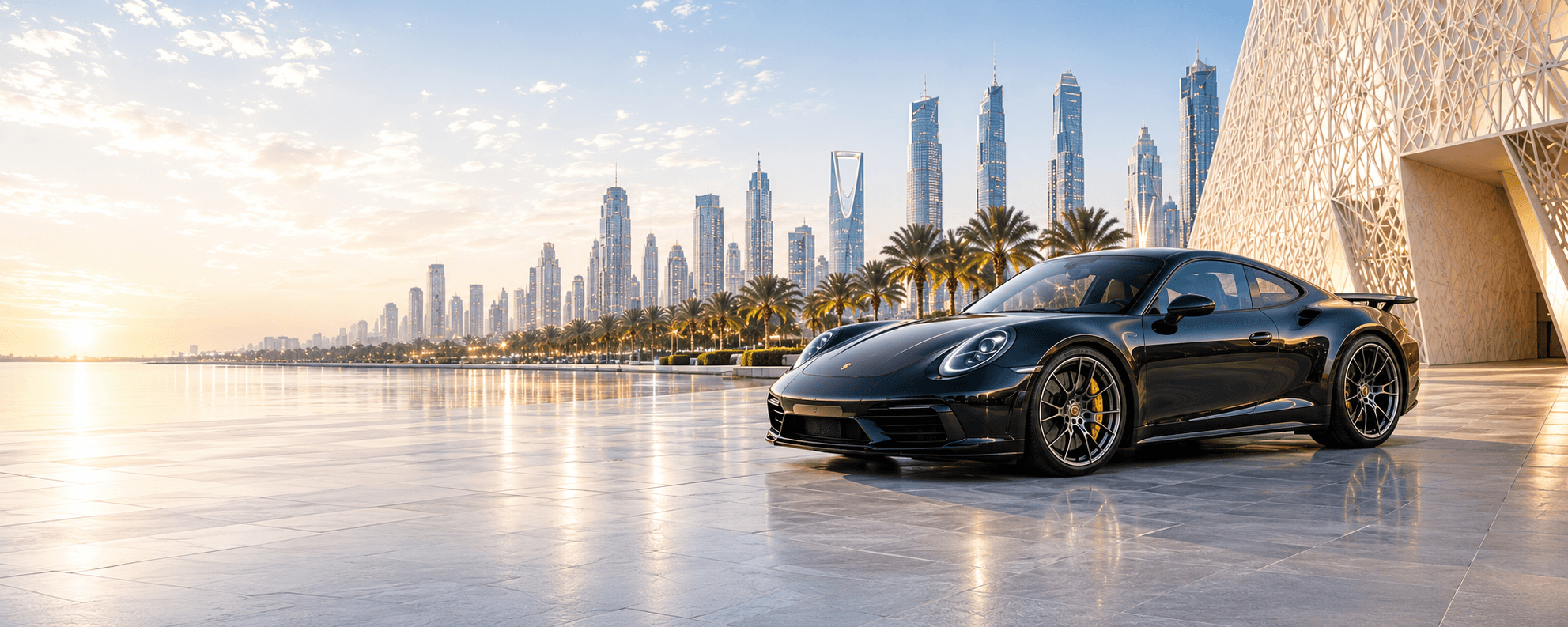 Black sports car in a modern city